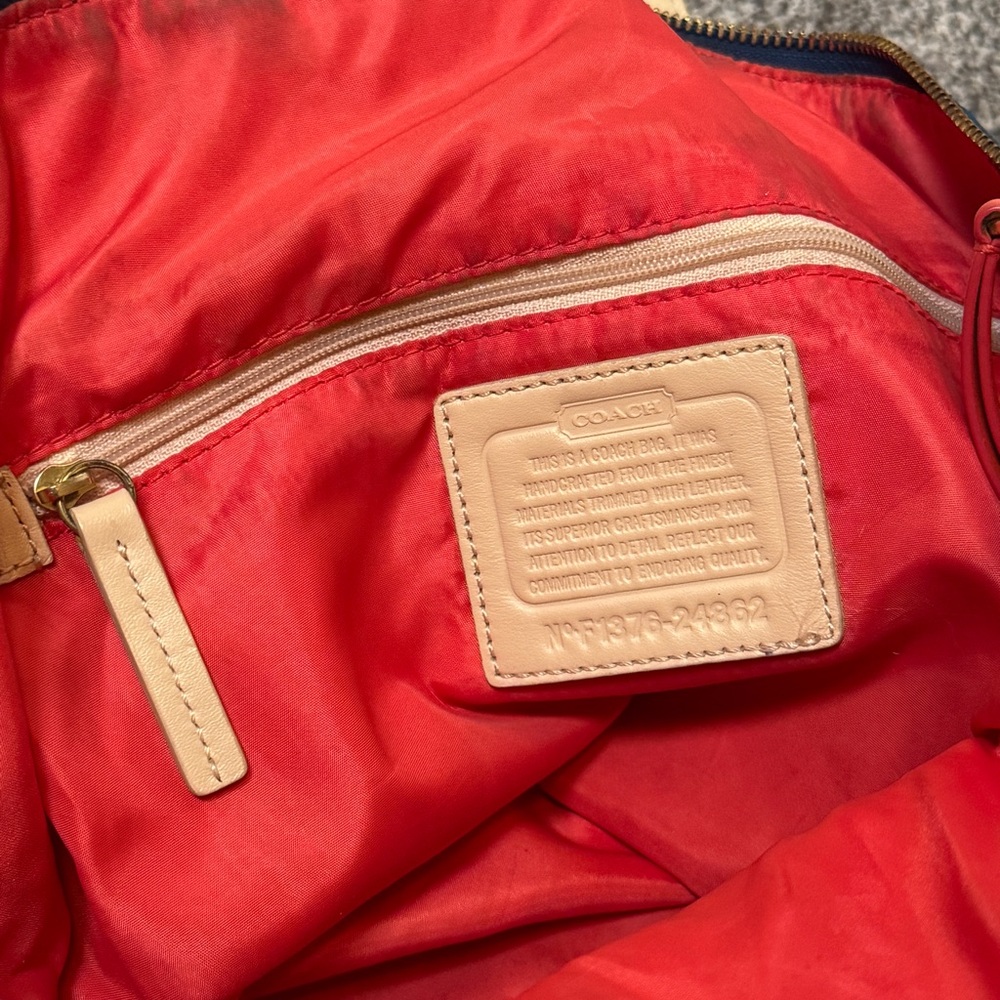 Coach Legacy Signature Nylon Tote Blue Leather Trim Zip Top Shoulder Bag - Picture 8 of 9
